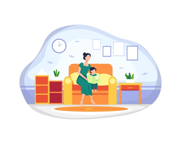 Glückliche Mutter mit ihrer Tochter. Mutter und Tochter lesen Geschichtenbuch zusammen sitzen auf der Couch. Gute-Nacht-Geschichte, Konzept Mutterschaft Kindererziehung. Vektorillustration in einem flachen Stil