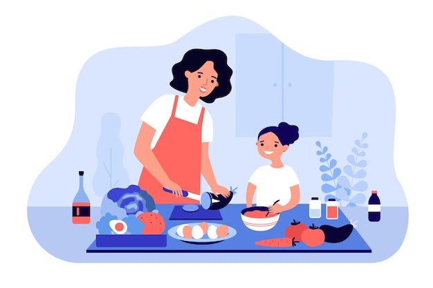 Glückliche Mutter und Tochter, die Gemüse zusammen isolierte flache Illustration kochen
