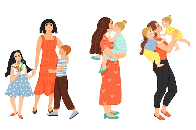 Glückliche Muttertagsillustration. Mutter mit ihren Kindern.
