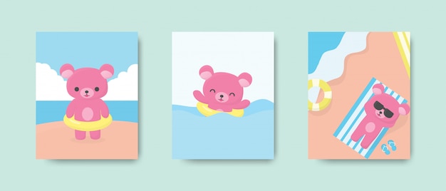 Glückliche niedliche bärenpostkarte oder -plakat am strand in der sommersaison. illustration.