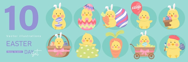 Vektor glückliche oster-set-designs für frühlingsferien süße gratulationen mit bemalten oster-eiern kaninchen