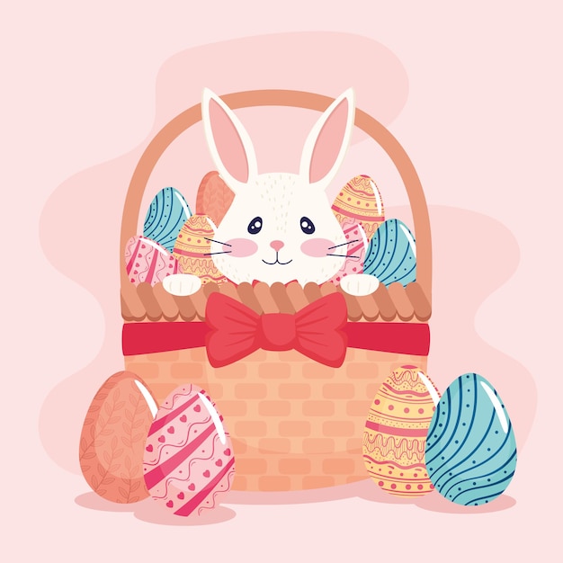 Glückliche ostersaisonkarte mit kaninchen und eiern gemalt in korbillustration