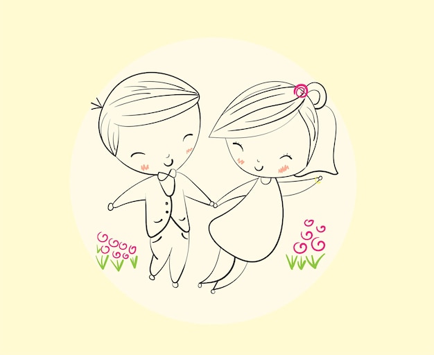Glückliche paare, die an hellen tagen tanzen, handgezeichnet, illustration im sketch-doodle-stil