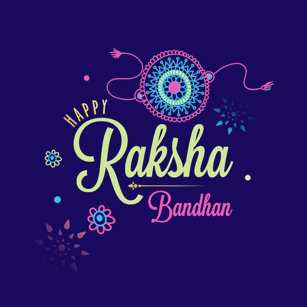 Vektor glückliche raksha bandhan-schriftart mit blumen-rakhi auf purpurrotem hintergrund.