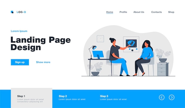 Glückliche schwangere frau, die in der landingpage des gynäkologiebüros im flachen stil berät