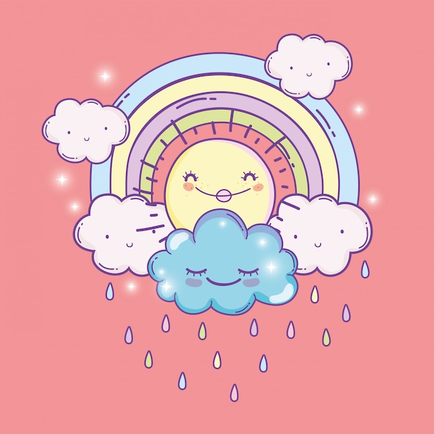 Glückliche Sonne mit Regenbogen und flauschigen Wolken