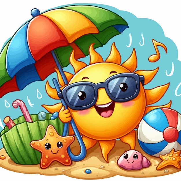 Vektor glückliche sonne mit sonnenbrille und regenschirm cartoon-illustration