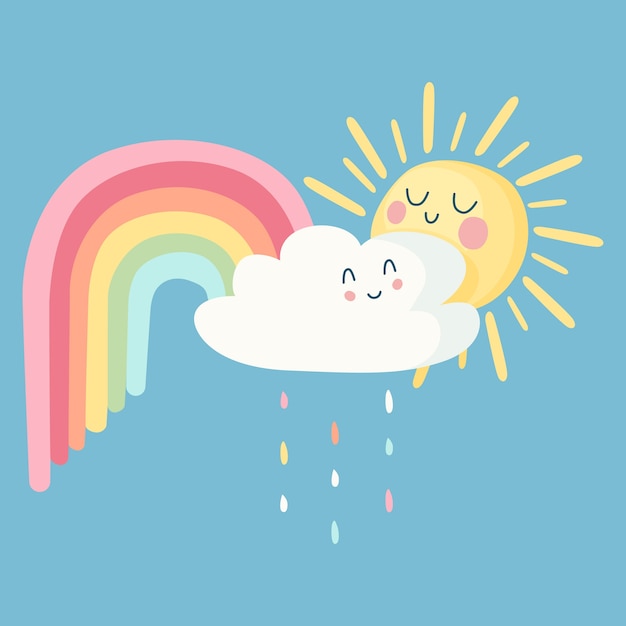 Glückliche sonne und wolken mit regenbogen