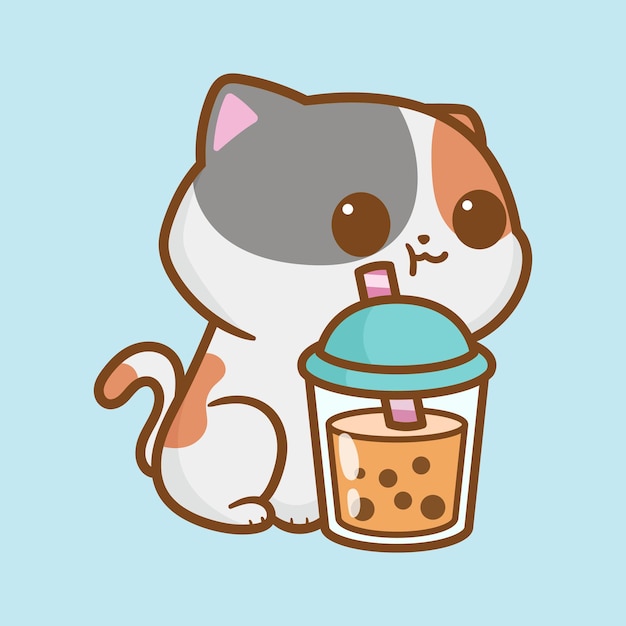 Glückliche süße katze trinkt boba cartoon 5