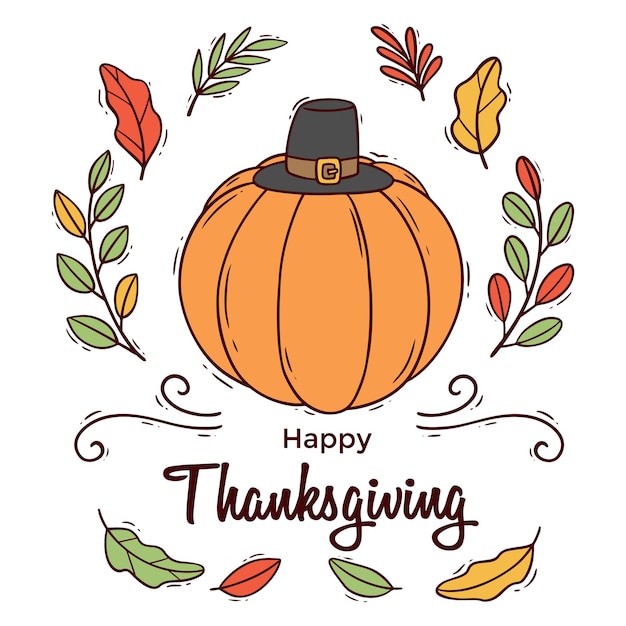 Vektor glückliche thanksgiving-handzeichnung mit kürbis und blättern auf weißem hintergrund