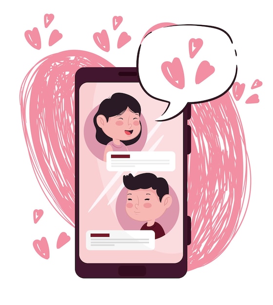 Glückliche valentinstag-beschriftungskarte mit liebespaar in smartphone-illustration