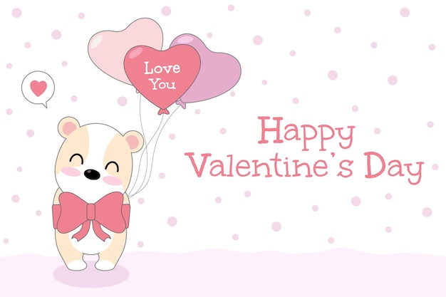 Glückliche valentinstag-grußkarte mit niedlichem hund mit großer rosa schleife und herzballon.