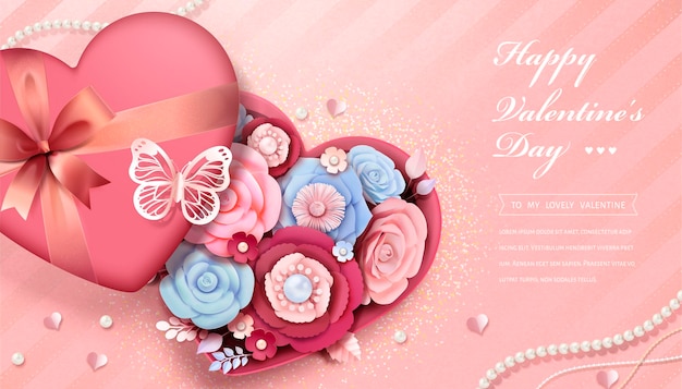 Glückliche valentinstag-grußkarte mit papierblumen in der herzförmigen geschenkbox, 3d illustration