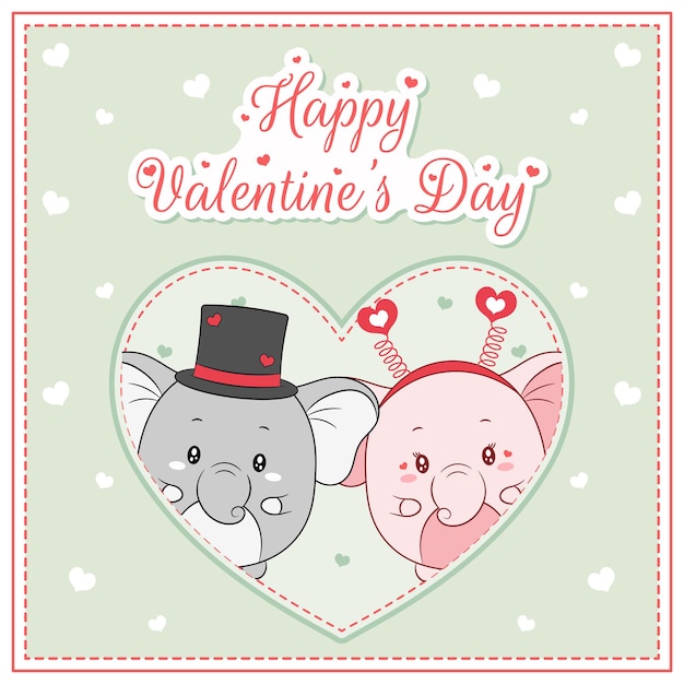 Glückliche valentinstag niedliche elefanten, die postkarte großes herz zeichnen