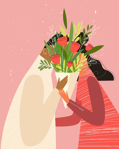 Glückliche valentinstagillustration. nettes romantisches paar in der liebe, die hinter den blumen küsst