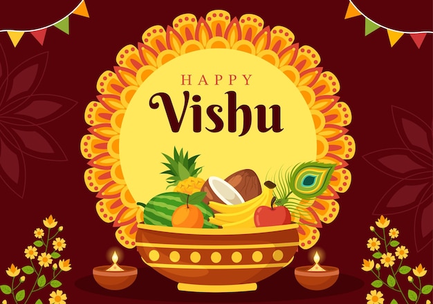 Glückliche vishu-festival-illustration mit obst und gemüse in flachen handgezeichneten cartoon-vorlagen