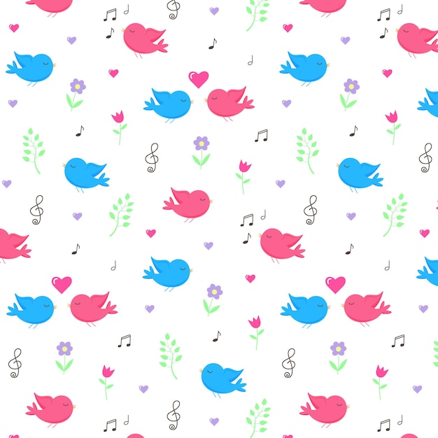 Glückliche vögel in nahtlosem muster der liebe mit herzen, blumenzweigen und musiknoten