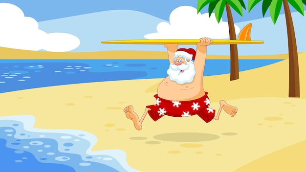 Glückliche weihnachtsmann-cartoon-figur, die mit einem surfbrett am strand läuft