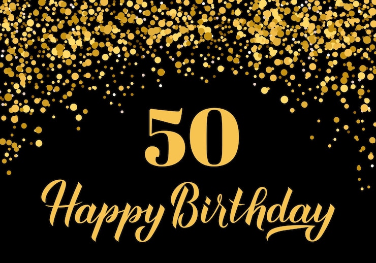 Vektor glücklicher 50. geburtstag handschriftlicher festplakat schwarzes und goldes konfetti geburtstags- oder jubiläumsfeierdekorationen leicht zu bearbeitende vektorvorlage für grußkarten, postkarten, bannerzeichen usw.