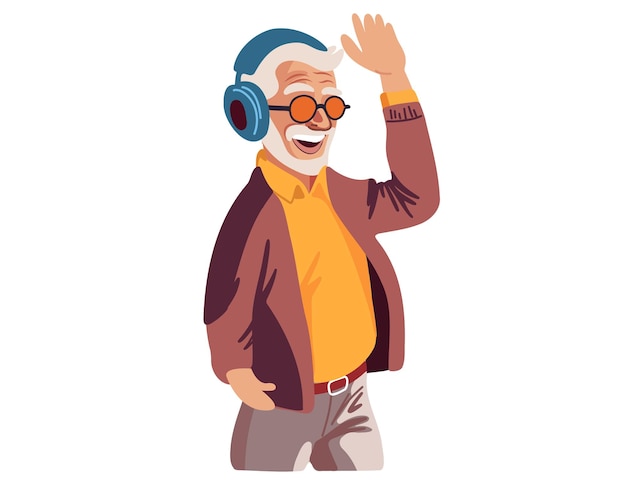 glücklicher alter oder älterer Mann mit Kopfhörern, der Musik auf weißem Hintergrund hört Musiktherapie