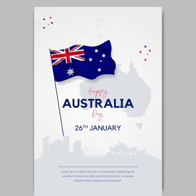 Vektor glücklicher australien-tag 26. januar poster mit flaggen-karte und wahrzeichen-illustration