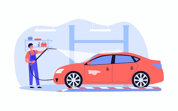 Vektor glücklicher autoservice-arbeiter, der auto wäscht. junge männliche figur im einheitlichen reinigungsfahrzeug mit flacher vektorillustration des wassers. autoservice-konzept für banner, website-design oder landing-webseite