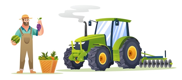 Glücklicher Bauer mit frischen Früchten und Traktorillustration