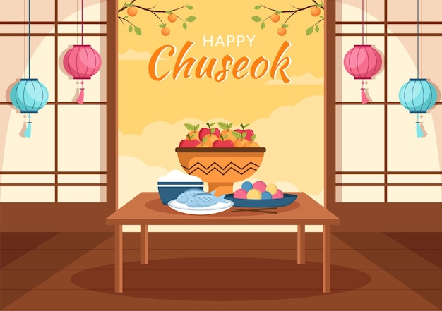 Glücklicher chuseok-tag in korea zum erntedankfest in flacher cartoon-illustration