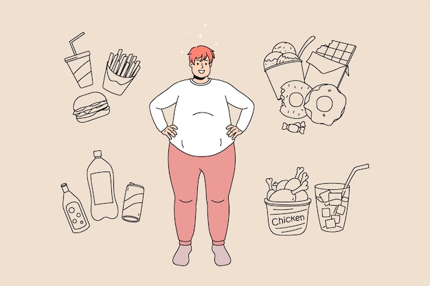 Glücklicher dicker Mann, umgeben von Junk-Food-Produkten