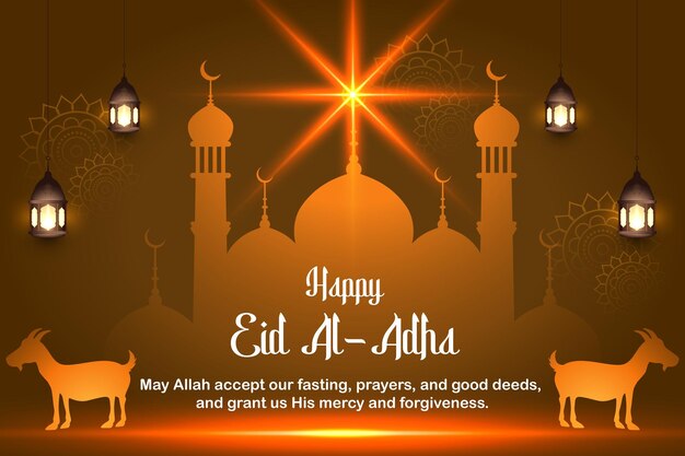 Glücklicher Eid al-Adha-Gruß mit Moschee und Laternen Vorlage