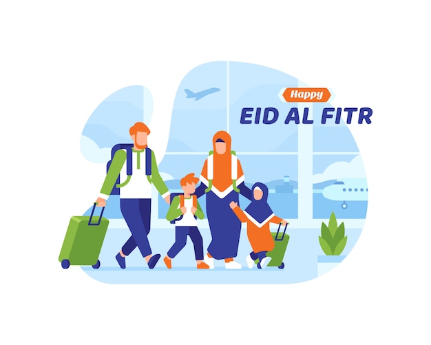 Glücklicher eid al fitr hintergrund mit muslimischer familie bestieg ein flugzeug am flughafen