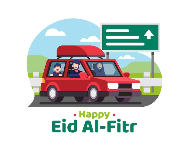 Glücklicher eid al fitr hintergrund mit muslimischer familie geht in den urlaub mit einem auto