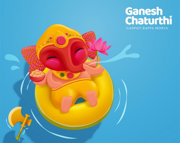 Glücklicher ganesh chaturthi mit dem schönen baby ganesha, das auf dem wasser schwimmt, draufsicht,