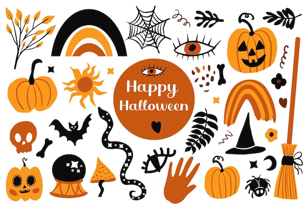 Glücklicher halloween-boho-zusammenfassungssatz. böhmische mystische magische sammlung clip art handzeichnungsstil. kreative zeitgenössische ästhetische doodle-elemente. vektor-illustration