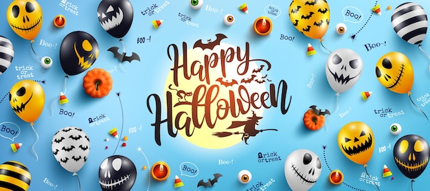 Glücklicher halloween-schriftzug und blauer hintergrund mit halloween-geisterballons