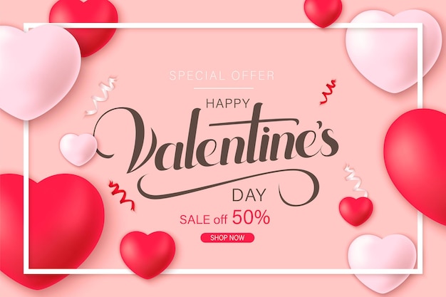 Glücklicher Heiliger Valentinstag Banner mit Dekoration Herzen und Papier geschnittene Rosenblumen.