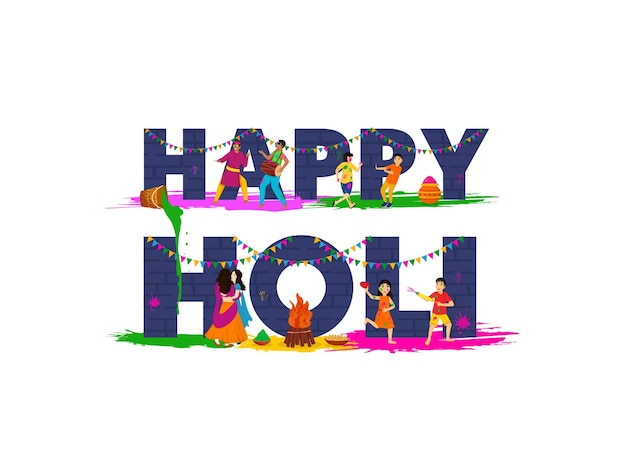 Vektor glücklicher holi-feier-hintergrund mit den indischen leuten, die festival und lagerfeuer-illustration feiern