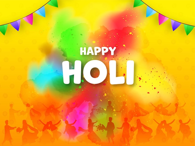 Glücklicher Holi-Feier-Hintergrund mit Silhouette-Leuten, die Farben spielen.