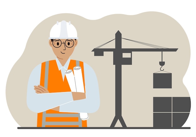 Glücklicher Ingenieur in der Nähe des Baukrans Erbauer, der Blaupausen in der Nähe von Baumaschinen hält Flache Illustration des Vektors