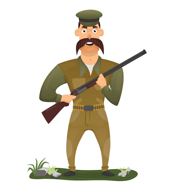 Glücklicher Jäger mit Gewehr auf einem weißen Hintergrund