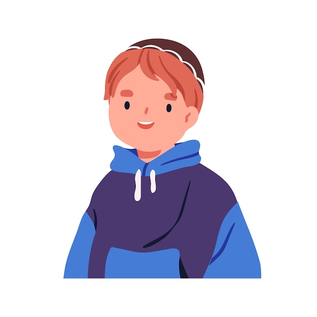 Glücklicher jüdischer Junge Schöne lächelnde jüdische Kleinkind in Kippa Hebräisches Kind in Kippa Hut Fröhlicher israelischer Vorschulcharakter Kleiner Schüler flache Vektorillustration isoliert auf weißem Hintergrund