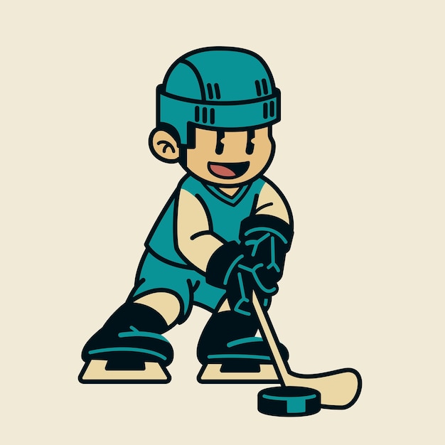 Glücklicher Junge, der Hockey-Eis-Cartoon spielt