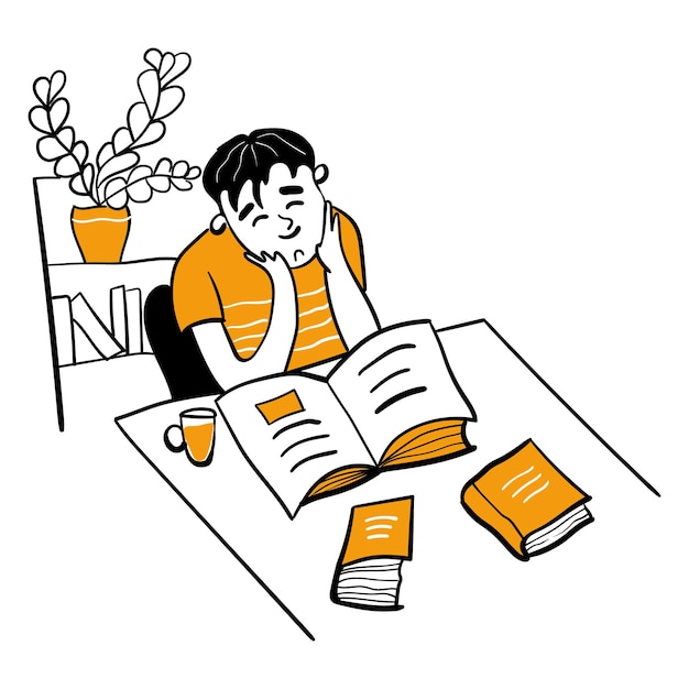 Glücklicher junge liest ein buch, sitzt an einem tisch, lernt lesen, schulbildung, freizeitkonzept
