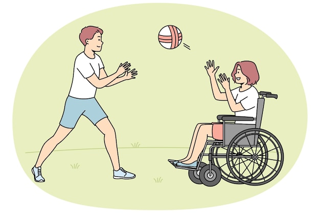 Glücklicher Junge spielt Ball mit behindertem Mädchen, das im Rollstuhl sitzt. Lächelnde Kinder haben Spaß im Freien. Behinderung und Beeinträchtigung. Vektorillustration