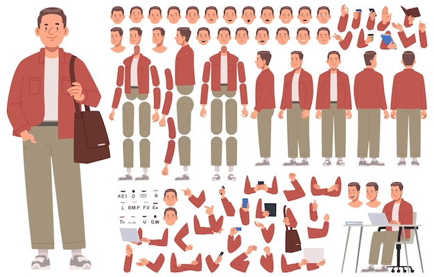 Glücklicher junger Mann Charakterkonstruktor Gelegenheitsjunge Set für die Erstellung von Animation_ai_generiert