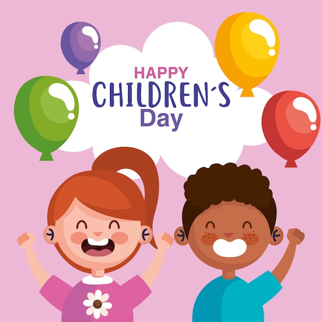 Glücklicher Kindertag mit Jungen- und Mädchenkarikaturentwurf, internationales Feierthema