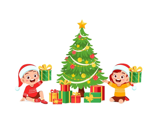 Glücklicher kleiner Junge und Mädchen, die Geschenk für Weihnachten halten