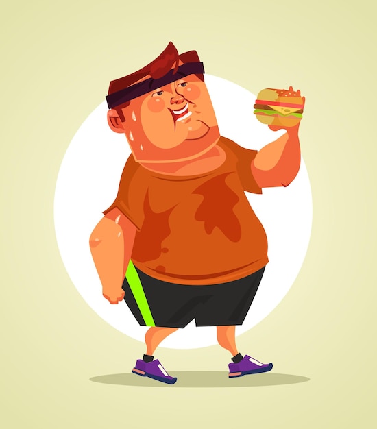 Glücklicher lächelnder dicker manncharakter, der burger nach cardio-sportaktivität isst. flache karikaturillustration des vektors