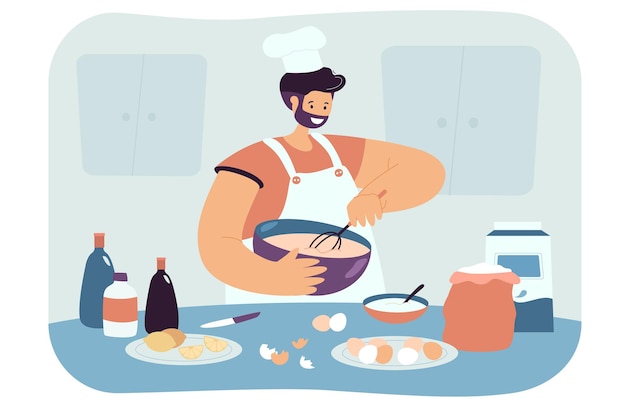 Glücklicher Mann, der flache Illustration des Gebäcks zubereitet