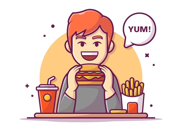 Glücklicher mann, der hamburger mit pommes frites und soda hält und isst, illustration weiß isoliert